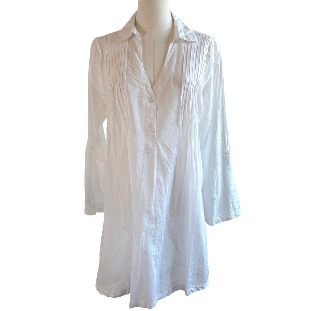 Kenneth Cole Reaction Tunic White Womens M Cotton Pintuck Roll Tab Sleeve Shirt
